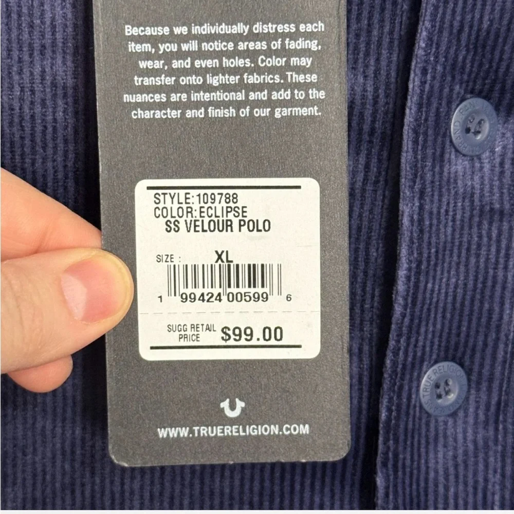 NWT True Religion XL Mens Velour Corduroy‎ Polo Shirt Y2K Streetwear Ribbed Blue